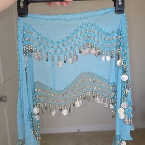 Blue Belly Dance Coin Belt Hip Scarf XL 56” Beaded Dance Costume